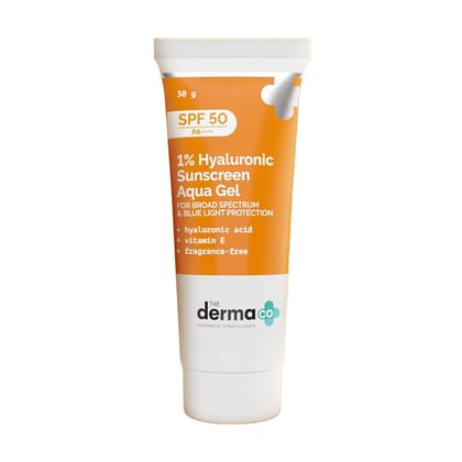 The Derma Co 1% Hyaluronic Sunscreen Aqua Gel SPF 50 PA++++ | Hydrating, Lightweight & Non-Greasy | No White Cast | Broad Spectrum & Blue Light Protection | Clinically Tested - (In-Vivo) | 30 g The Derma Co 1% Hyaluronic Sunscreen Aqua Gel SPF 50 PA++++ 