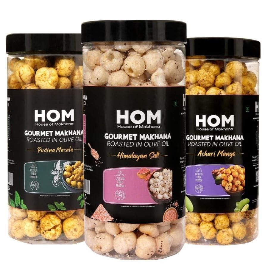 GOURMET MAKHANA Roasted in Olive Oil | Flavors Pudina Masala, Himalayan Salt and Achari mango | Combo Of 3, 65g Each. - 195 gm