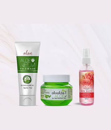 Alna Aloe Neem Face Wash 75ml with Alnalite-T Aloe Gel 100gm & Rose Water 100ml , Pack of 3
