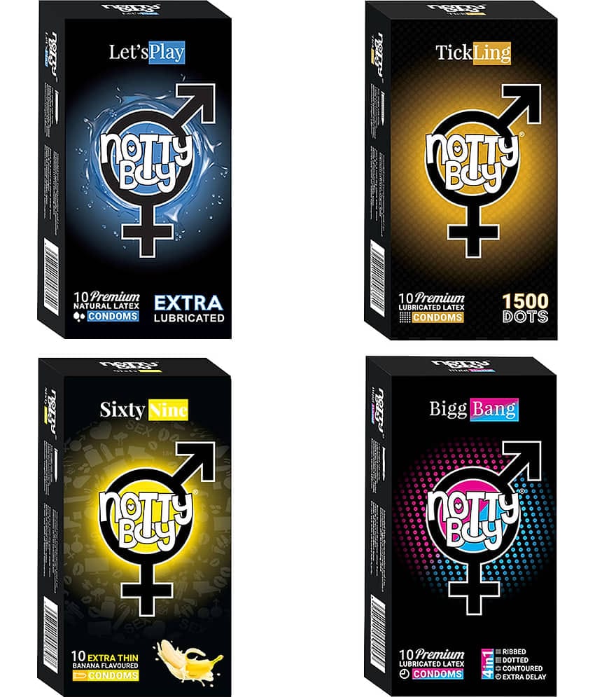 NottyBoy Mixed Pack Ribs Dots Contoured Overtime Extra Dotted Lubricanted and Banana Flavoured Condoms - 40 Unit