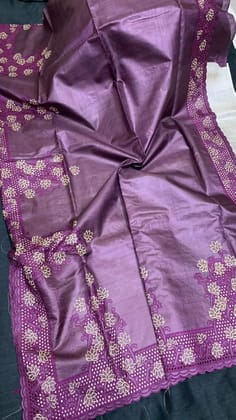 Silkmark Certified Beaming Pure Tussar Cutwork Violet Saree