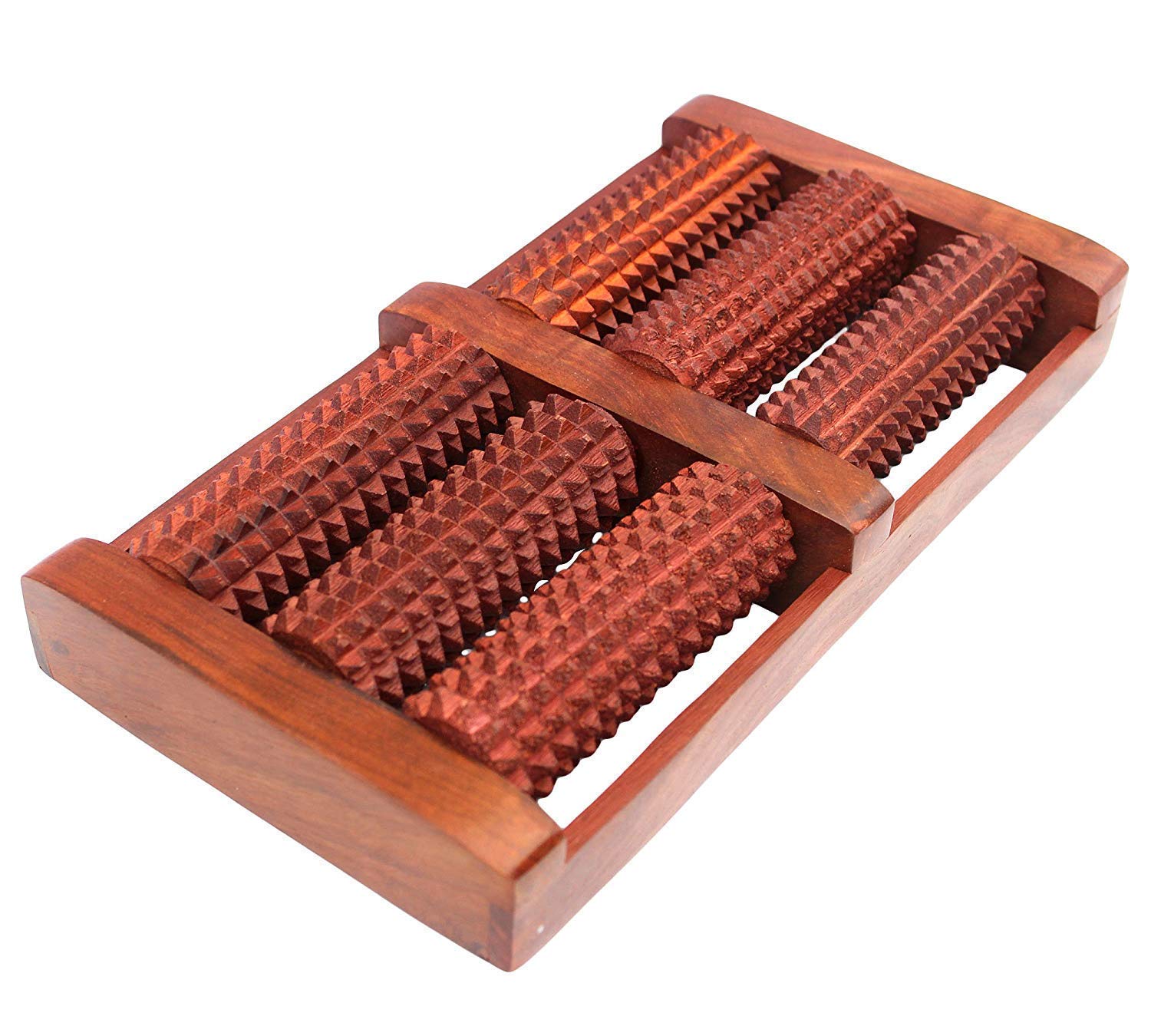 Brown Wooden Foot Massager With 6 Rollers, Traditional Acupressure Design For Pain Relief, Stress Relief, Reflexology