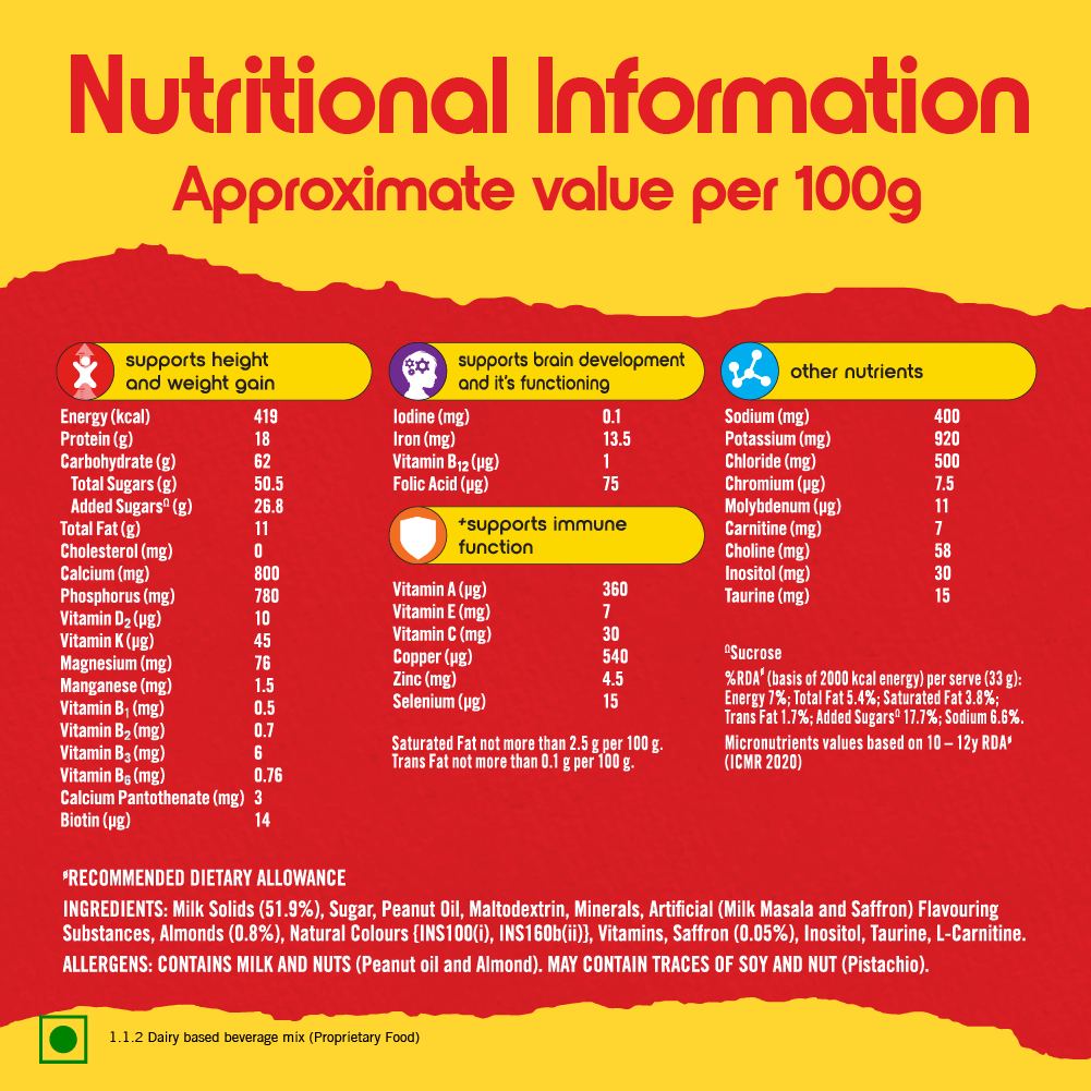 Complan Nutrition Drink Powder for Children, Kesar Badam Flavour, 500 g Refill Pack | Nutrition drink for kids with protein & 34 vital nutrients