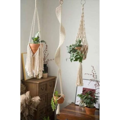 White Macrame Pot HangerSet Of 3 Size - 20 ,40,20 Inches
