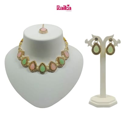 RAIKA - Luxury Handcrafted Gold Plated Necklace Jewellery Set with Earrings And Mangtika Suited for Party Wedding Festive for Women