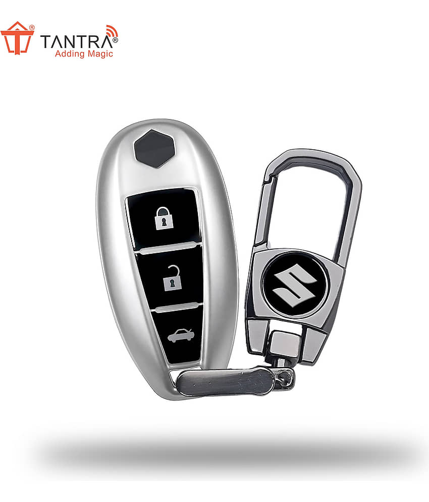 TANTRA TPU Key Cover and Metal Keychain Compatible for Maruti Suzuki Baleno, Vitara Breeza, S Cross, Ciaz, Swift, Ignis, 3 Button Smart Key Cover (Grey)