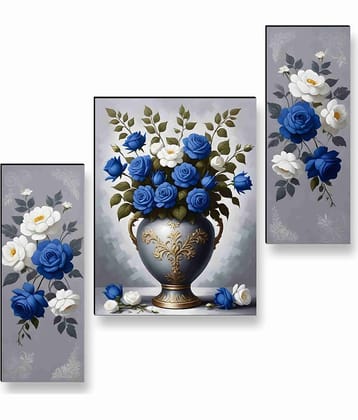 SAF Blue & White Rose Bouquet Wall Art – 3 Panel Flower Vase Painting with Royal Detailing for Drawing Room & Hall Décor 12 Inch x 20 Inch