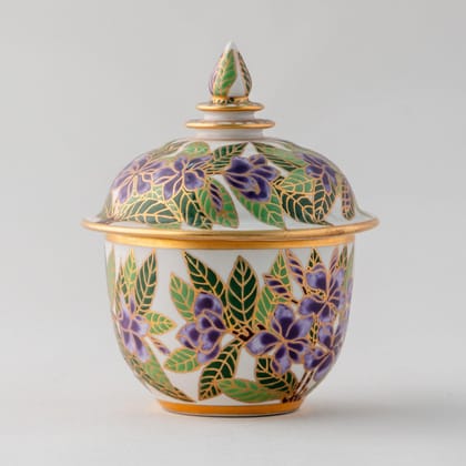 Eyaas Thai Porcelain Tochun Casket with Purple Orchids  2.25 x 3.5 Inches