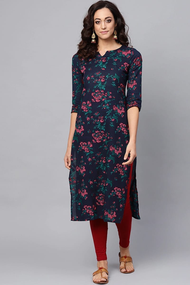 Women Navy Blue and Pink floral Printed Blue Cotton Blend Fabric Kurti VCK1066