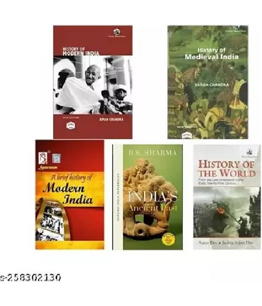 Set of 5 Books - History of medieval India by Satish Chandra & History of Modern India by Bipin Chandra, India's ancient past by Rs Sharma, Spectrum by Rajiv Ahir and History of the World by Arjun Dev Five book set in English Medium