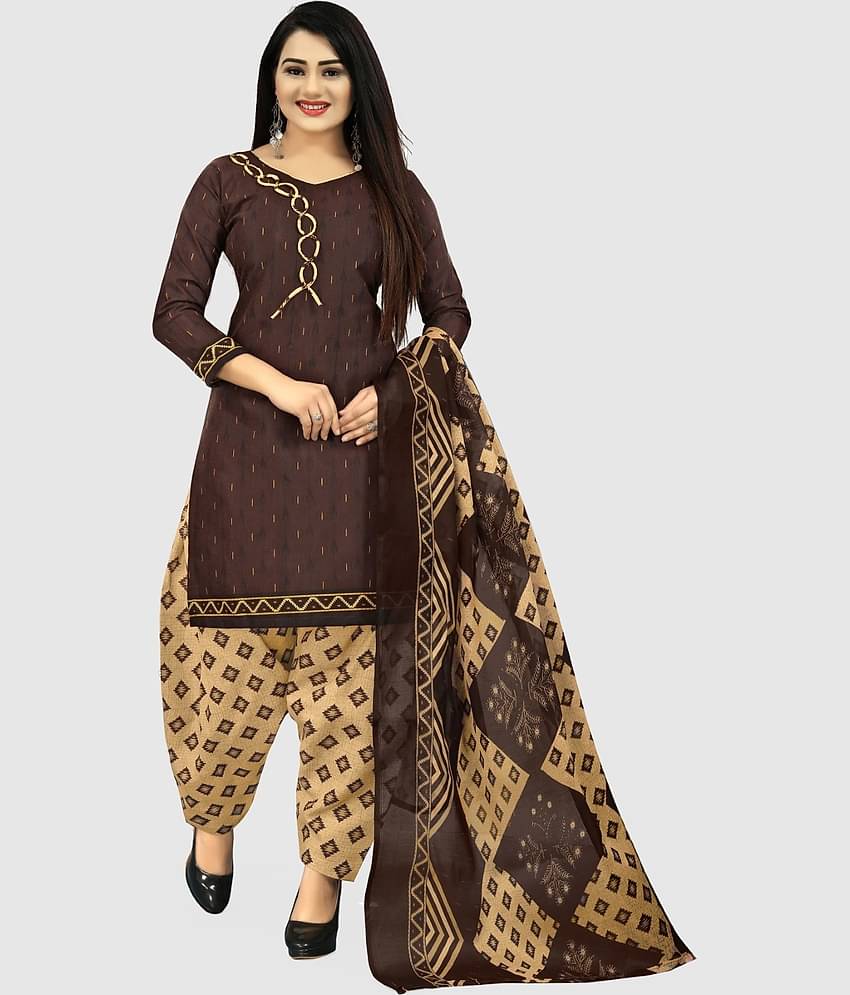 Rajnandini Unstitched Cotton Blend Printed Dress Material - Brown ( Pack of 1 )