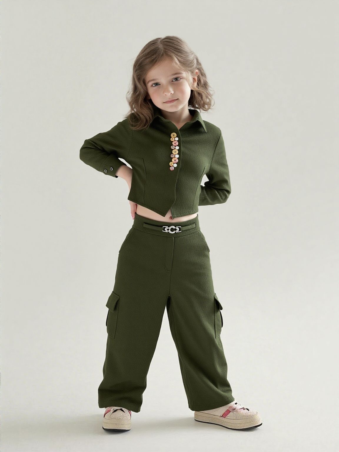 Girl's Imported Party Wear Co-Ord  Set [GCS-7328](4-13 Years)-4-5Y (Size - 24) / Crepe / Mehandi Green