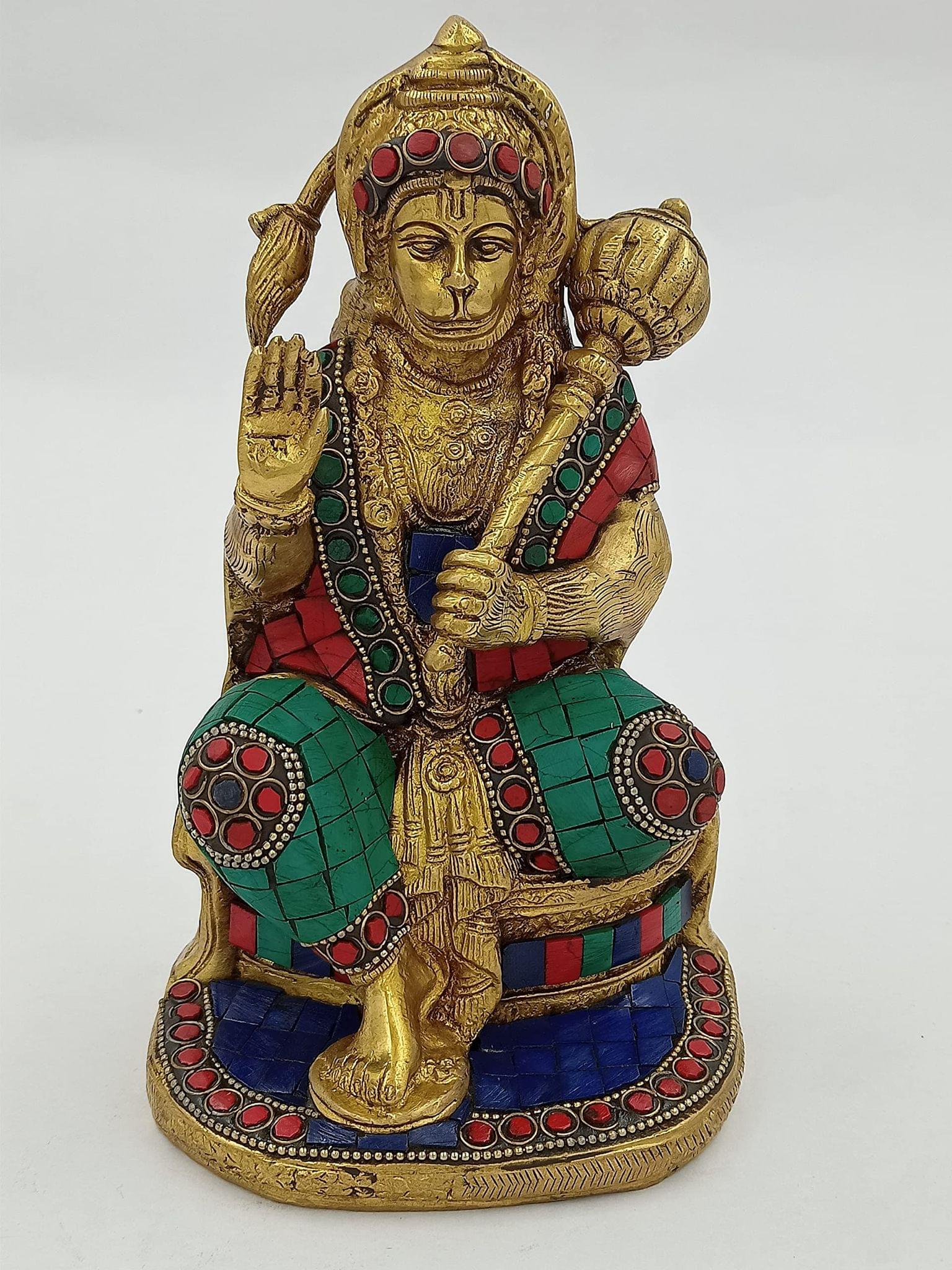 Arihant Craft� Hindu God Hanuman Idol Mahavir Statue Bajrangbali Sculpture Turquoise Gem Stone Hand Work Showpiece � 20 cm (Brass, Multicolour)