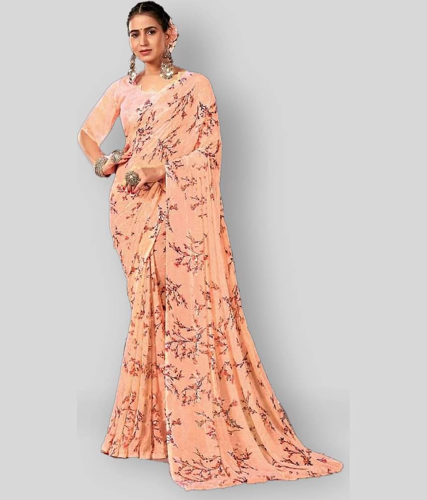 Bhuwal Fashion Georgette Printed Saree With Unstitched Blouse Piece ( Yellow )