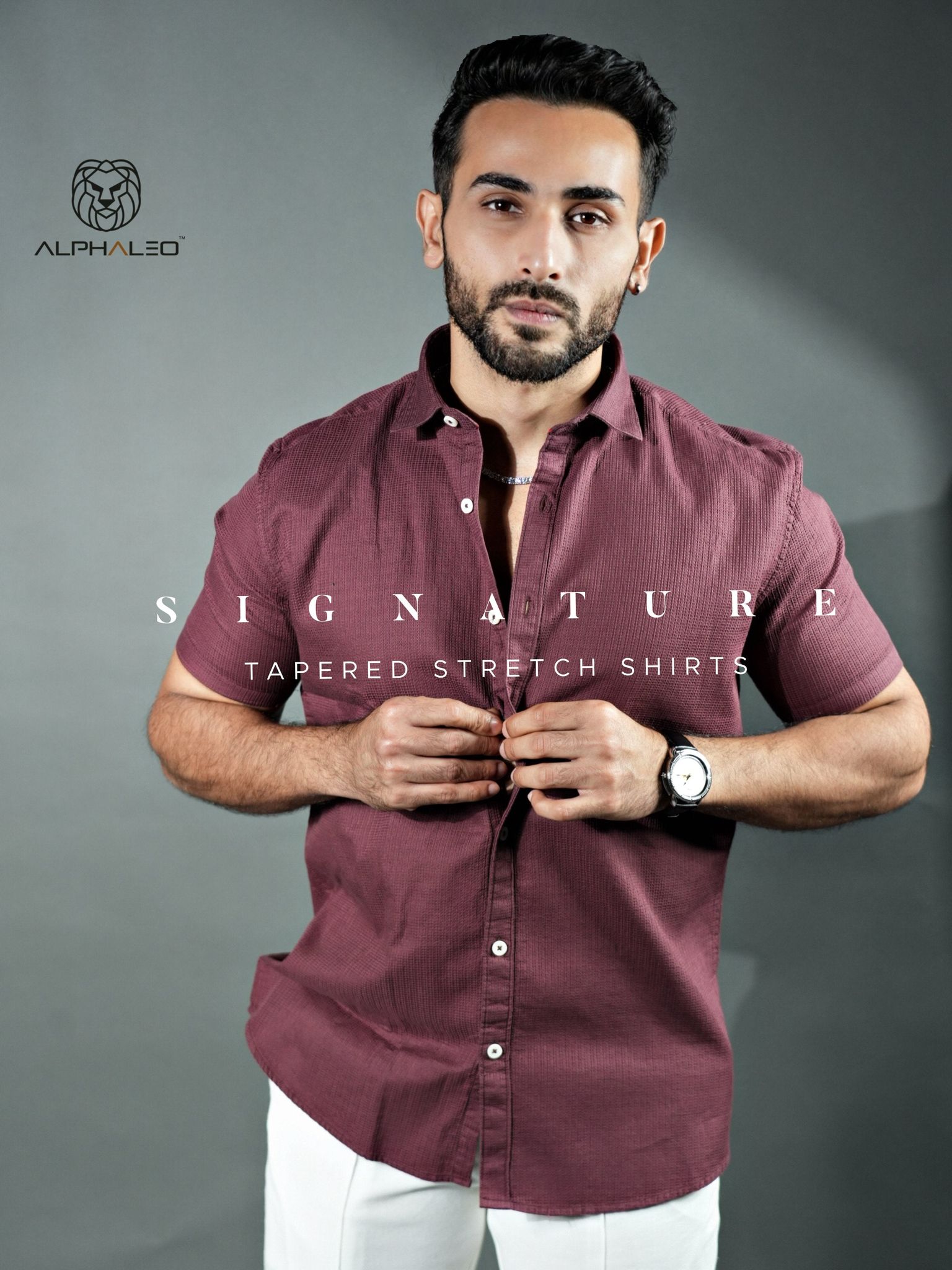 Signature Half Sleeves  Textured Stretch Shirt Velvet-Small / Velvet / Signature Half Sleeves Tapered Stretch Shirt