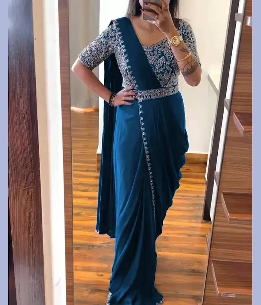 Saadhvi Silk Embroidered Saree With Unstitched Blouse Piece ( Indigo )