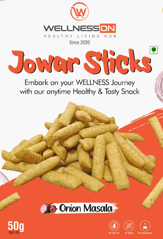 SABKA WELLNESS - Jowar Sticks with Onion Masala Healthy Baked Snack , No Maida, No Preservatives, No Artificial Colors , Crunchy Jowar Millet Snack - 50 Gms Pack of 8
