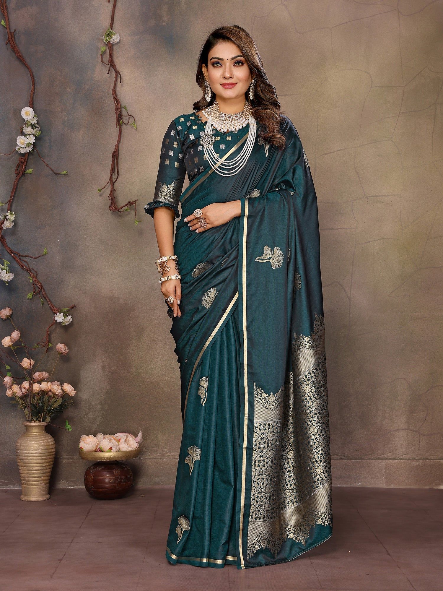 Teal Satin Silk Floral Motifs Zari Weaving Banarasi Saree