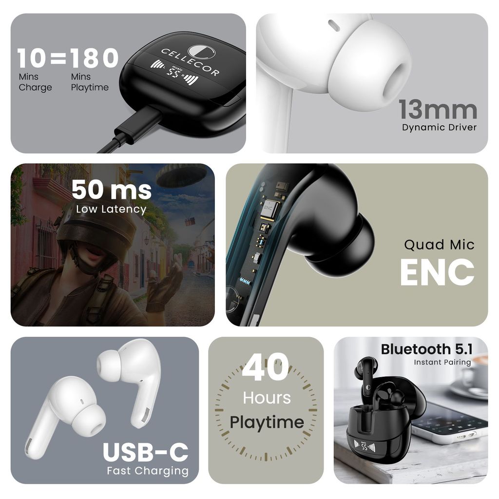 Cellecor BroPods C107 GLOSS TWS with 40H Playtime, ENC, 5.1v BT, 50ms Low Latency Gaming Bluetooth-Black