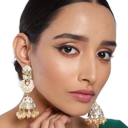 Fancy Gold Plated Dome Shaped Kundan Enamel Jhumkas