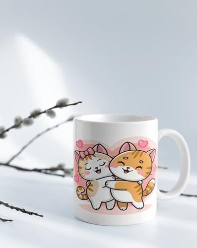 The Magical Gifts Cute Cat Couple Printed Mug 325ml Gift for Cat Lovers Kids Friends Girlfriend Animal Theme Ceramic Cup Adorable Kitty Coffee Mug for Daily Hot Beverages