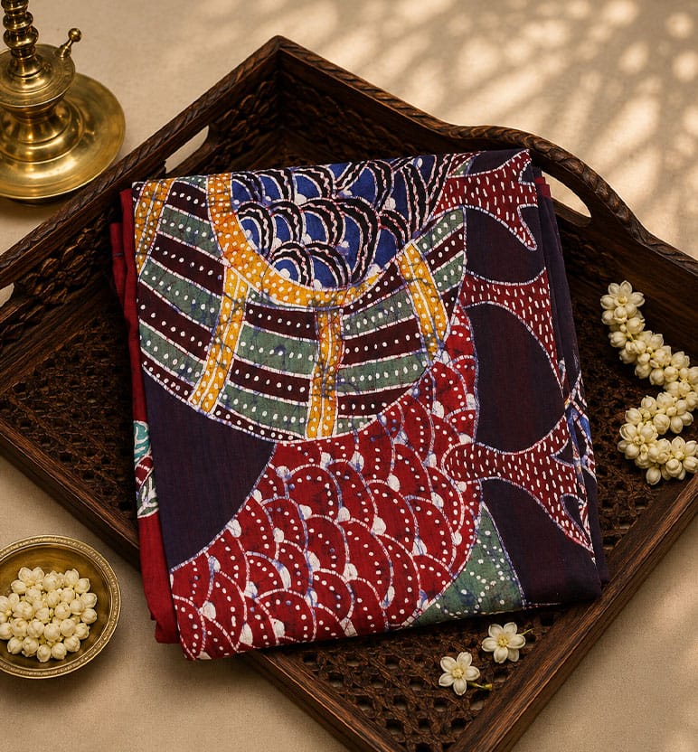 Handcrafted Batik Print Maheshwari Cotton By Silk Saree