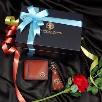 Combo Of Tan Leather Wallet and Triangular Leather Keychain with Lion Logo By Brune & Bareskin-FS