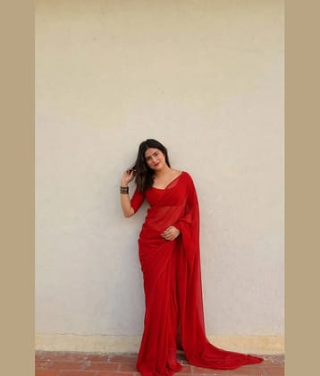 Kashvi Sarees Georgette Solid Kasavu Saree With Unstitched Blouse Piece ( Red )