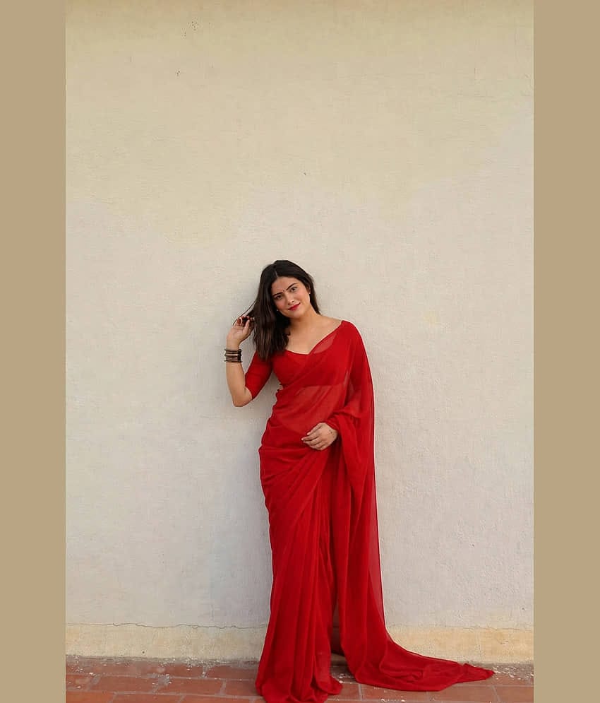 Kashvi Sarees Georgette Solid Kasavu Saree With Unstitched Blouse Piece ( Red )