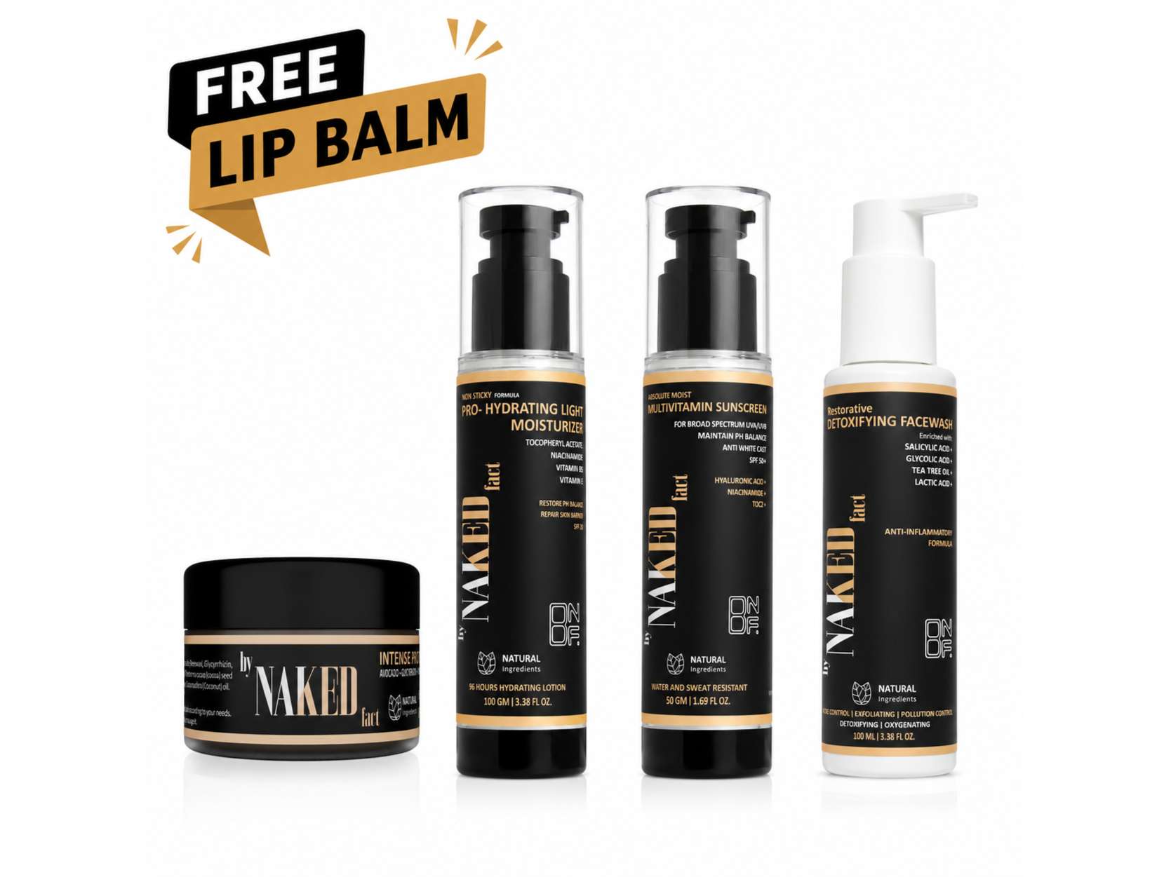 By NAKED fact The Essentials(Multivitamin SPF 50 Sunscreen-50 GM+Detoxifying Facewash-100 GM+Hydrating Light Moisturizer-100 GM)(Free Lip Balm-10g)