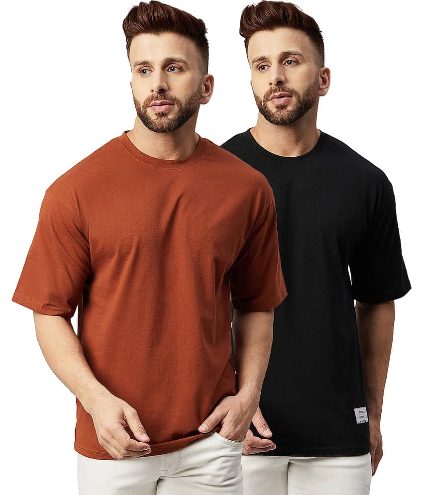 Gritstones Pack of 2 Cotton Blend Oversized Fit Men's T-Shirt ( Brown )