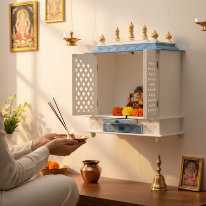 Wooden Wall Hanging Hand Painted Pooja Mandir for Home of Mango Wood