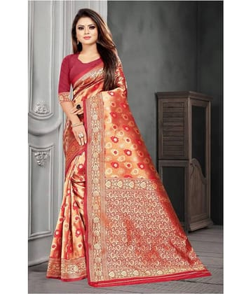 Gazal Fashions Silk Blend Printed Saree With Unstitched Blouse Piece ( Red )