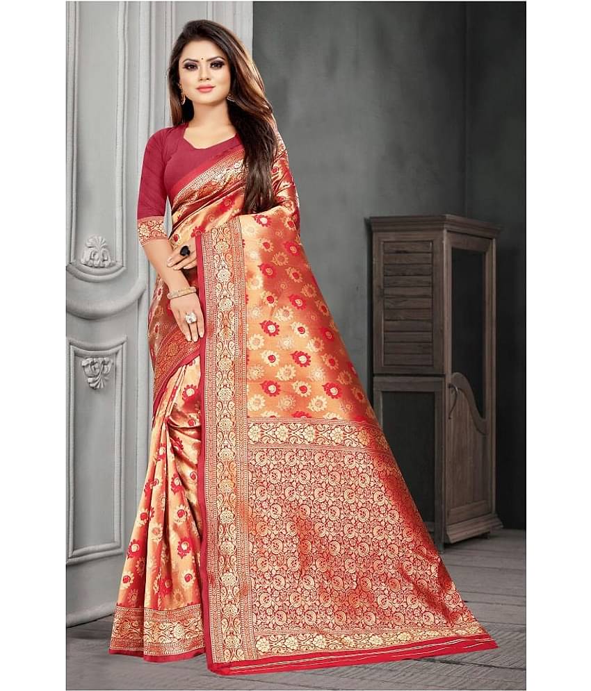 Gazal Fashions Silk Blend Printed Saree With Unstitched Blouse Piece ( Red )