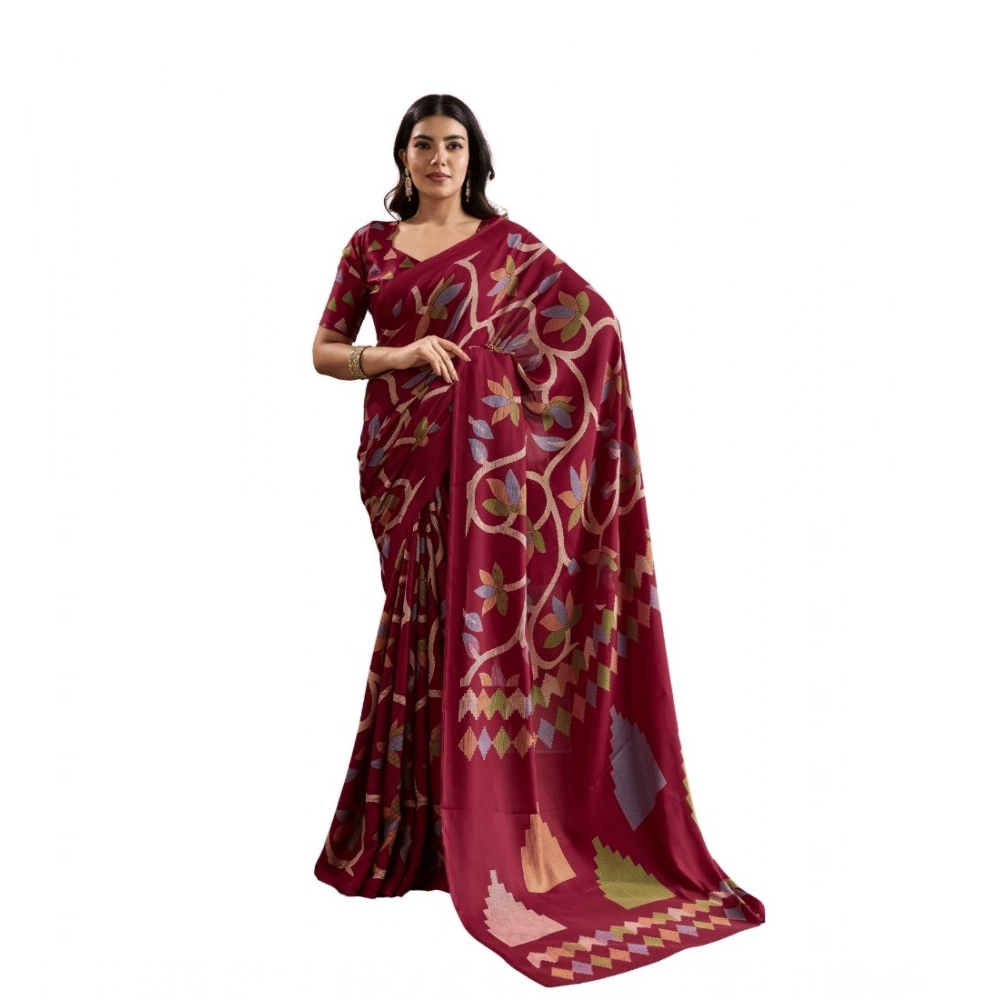 womens satin crepe printed saree with unstitched blouse 5mtr maroon pid65062