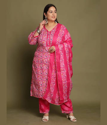 Rajnandini Women Cotton Blend Printed Straight Kurti With Pants ( Pink )