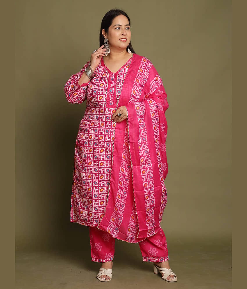 Rajnandini Women Cotton Blend Printed Straight Kurti With Pants ( Pink )