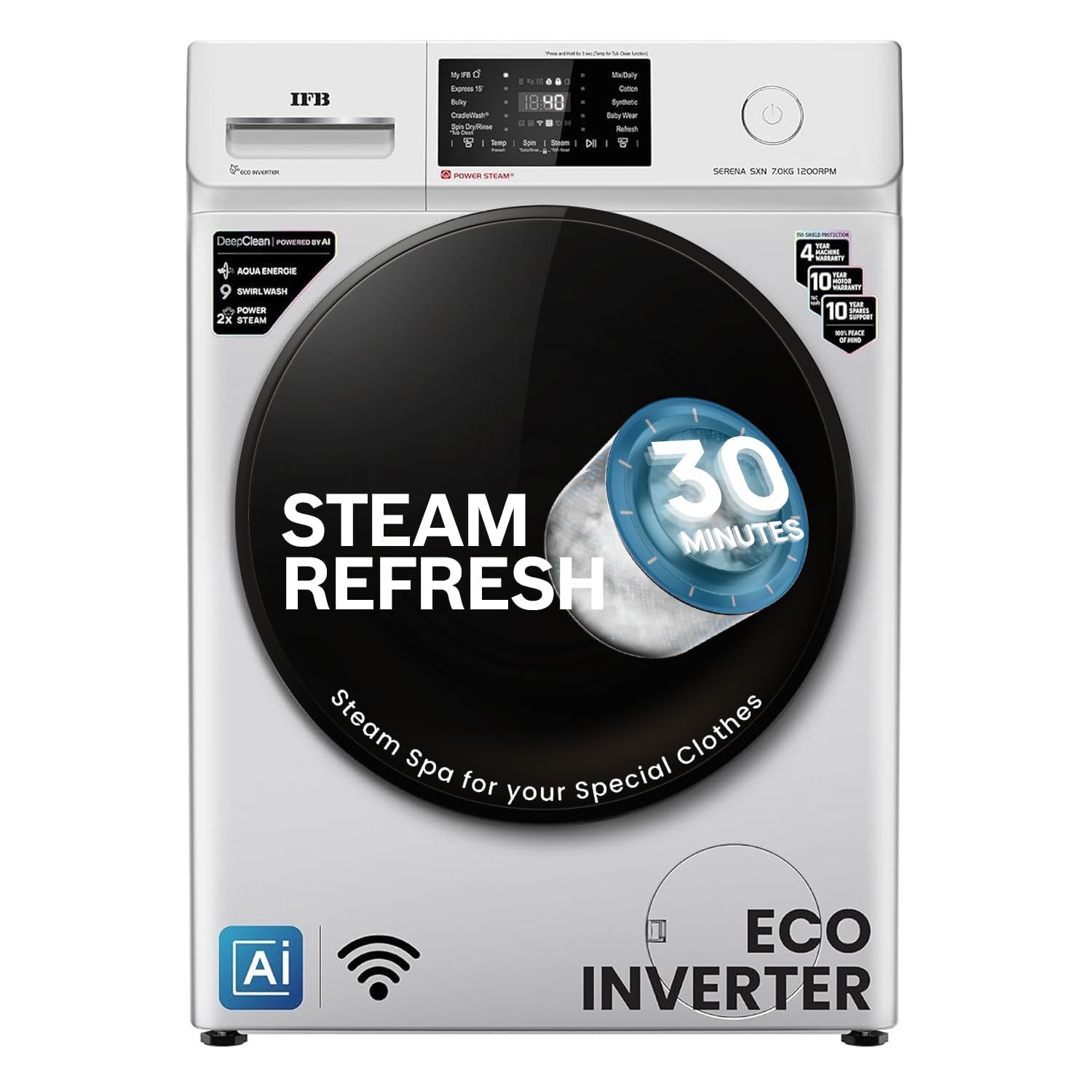 IFB 7 Kg 5 Star, DeepClean Technology, AI Powered, WiFi, Fully Automatic Front Load Washing Machine (SERENA SXN 7012 CMS, PowerSteam, 9 Swirl, Steam Refresh, Inbuilt Heater, Eco Inverter,Rich Silver) IFB 7 Kg 5 Star, DeepClean Technology, AI Powered, WiF