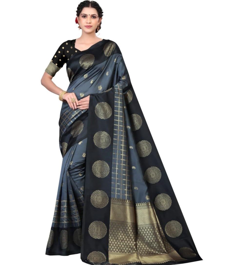 Women's Soft Lichi Silk Printed Saree With Unstitched Blouse 5.5Mtr (Black)-PID63563