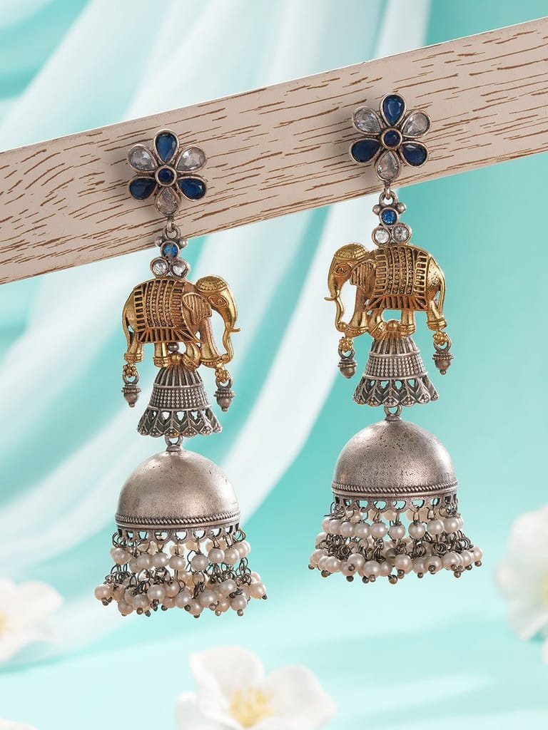 Oxidised Silver Toned Pearl Beaded Floral Elephant Design Contemporary Dangler Jhumka Earrings - Earrings | Buy online on ZillyBuy
