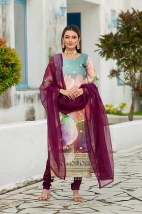 Multi Color Embroidered Work Kurta With Chudidar & Dupatta-XS