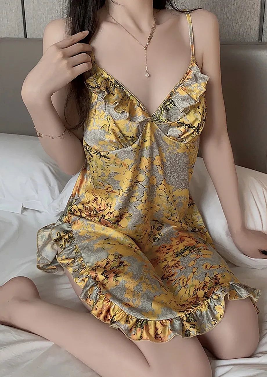 Ruffle-trim Yellow Floral Sleep dress-Ruffle / S