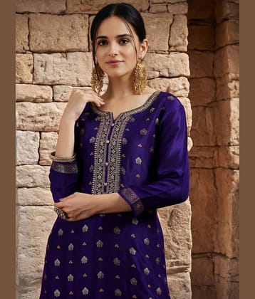 Eeloo Women Banarasi Embroidered Straight Kurti With Pants ( Purple )
