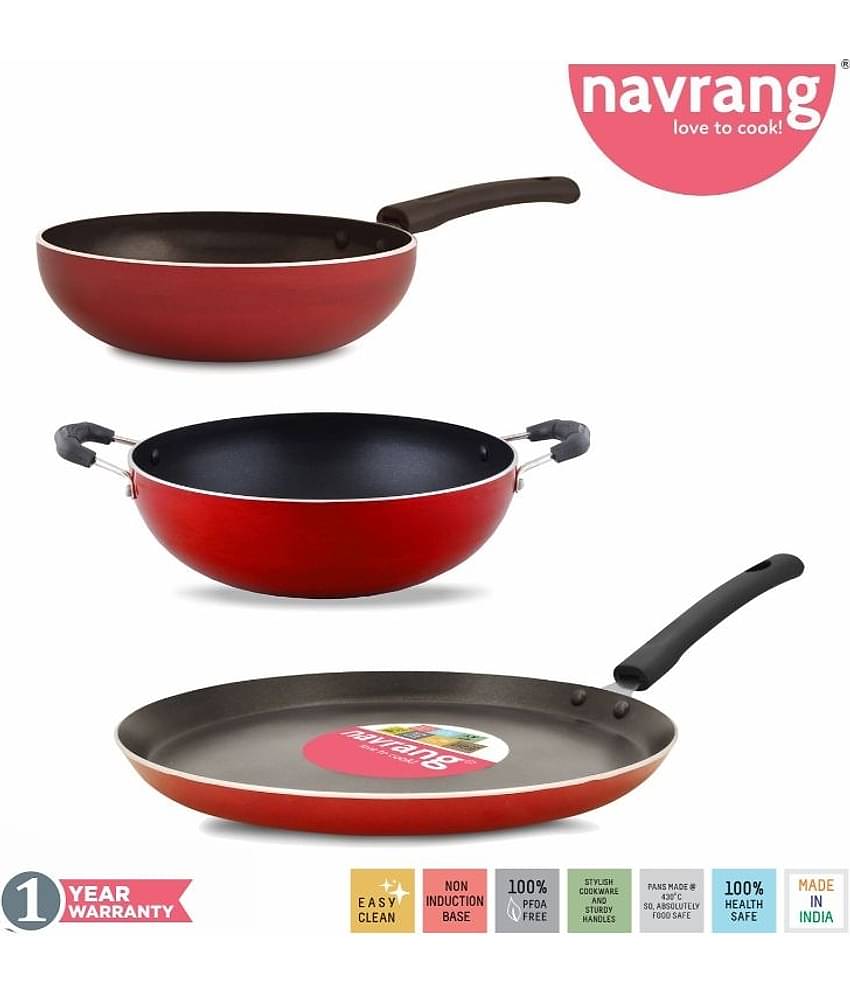 Navrang Nonstick Aluminium 3 PC MINI  Cookware Set ,Tawa 260 + Kadai 200 + Fry Pan 200,Red NON-INDUCTION
