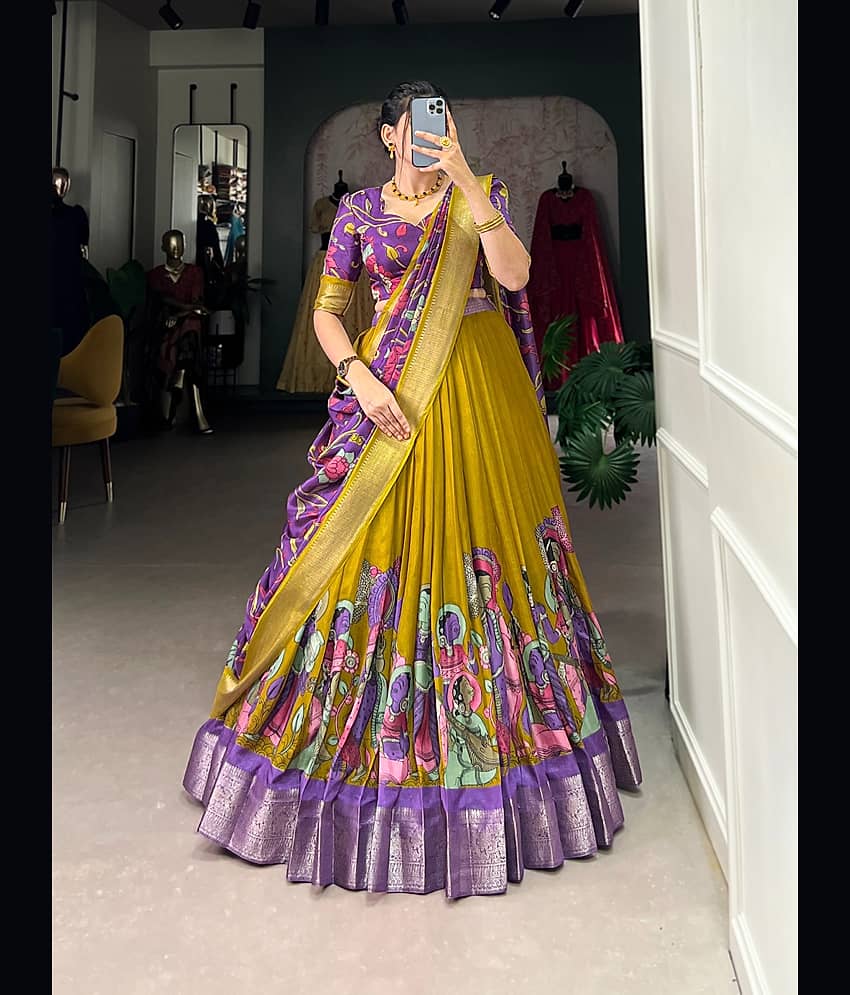 THE PRIVATE LABLE Green Tussar Silk Flared Ready To Wear Lehenga