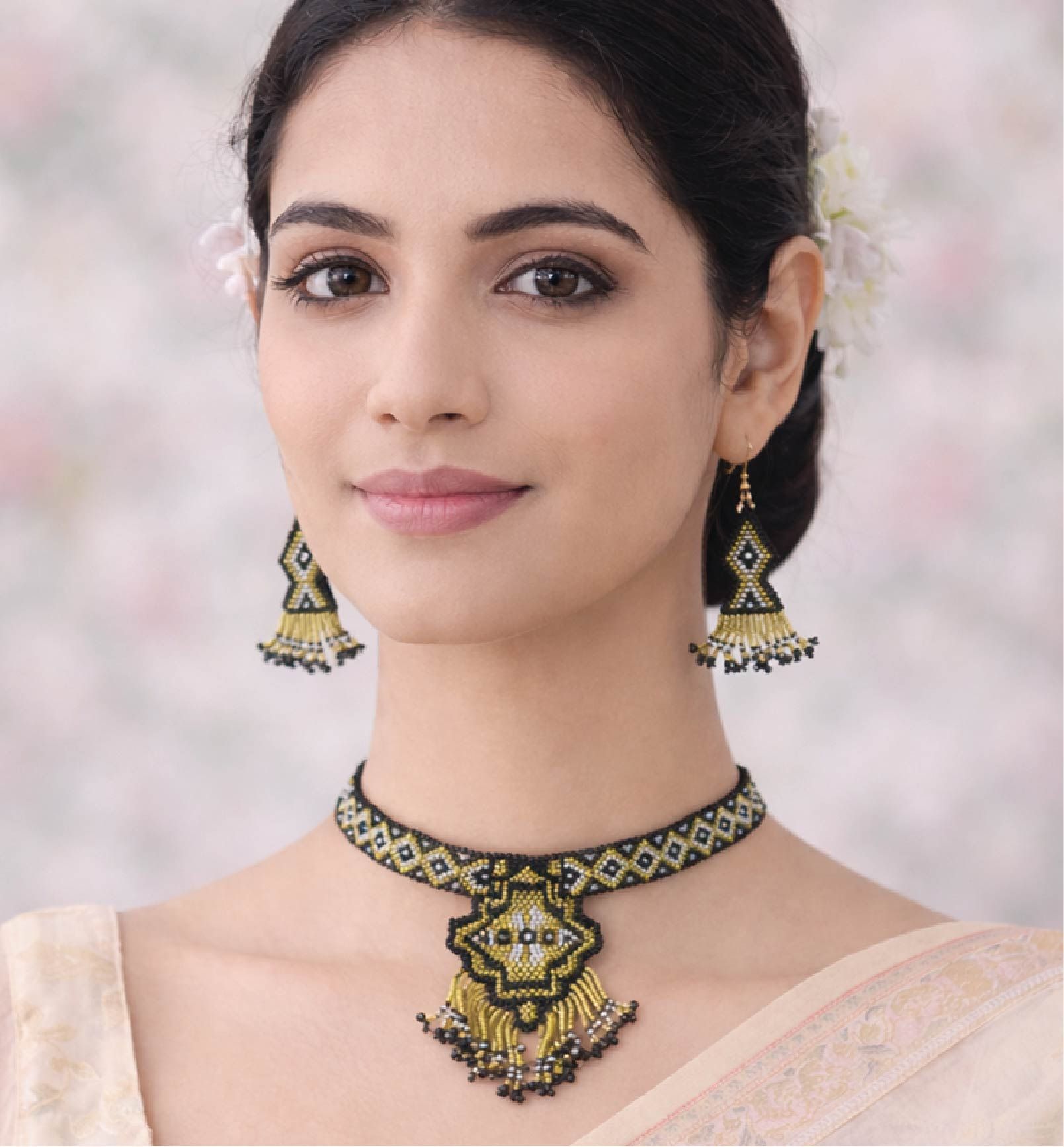 Handcrafted Geometric Beadwork Choker Necklace Set