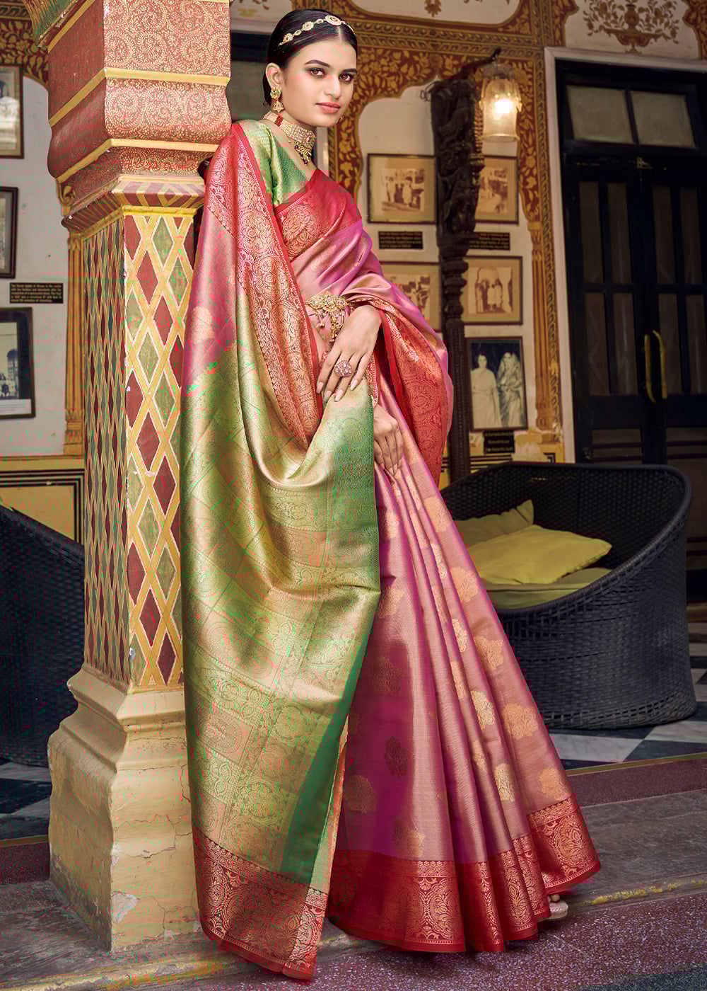 Dusty Pink Woven Banarasi Brocade Silk Saree