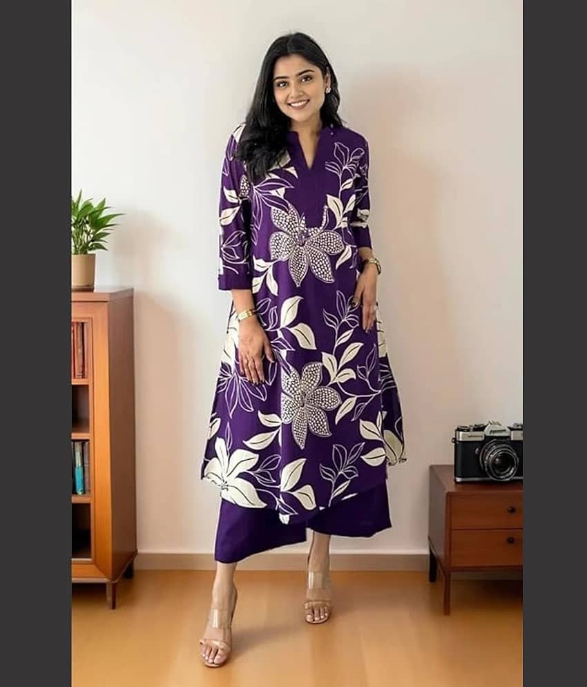 Estela Women Rayon Printed Straight Kurti With Palazzo ( Purple )