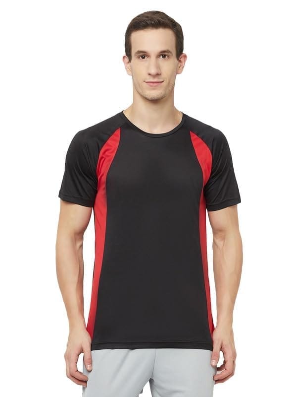 Men's Casual Colorblock Polyester Round Neck T-Shirt (Black, L)-PID47760