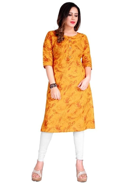 Women's Casual 3/4th Sleeve Printed Cotton Kurti (Yellow, L)-PID46125